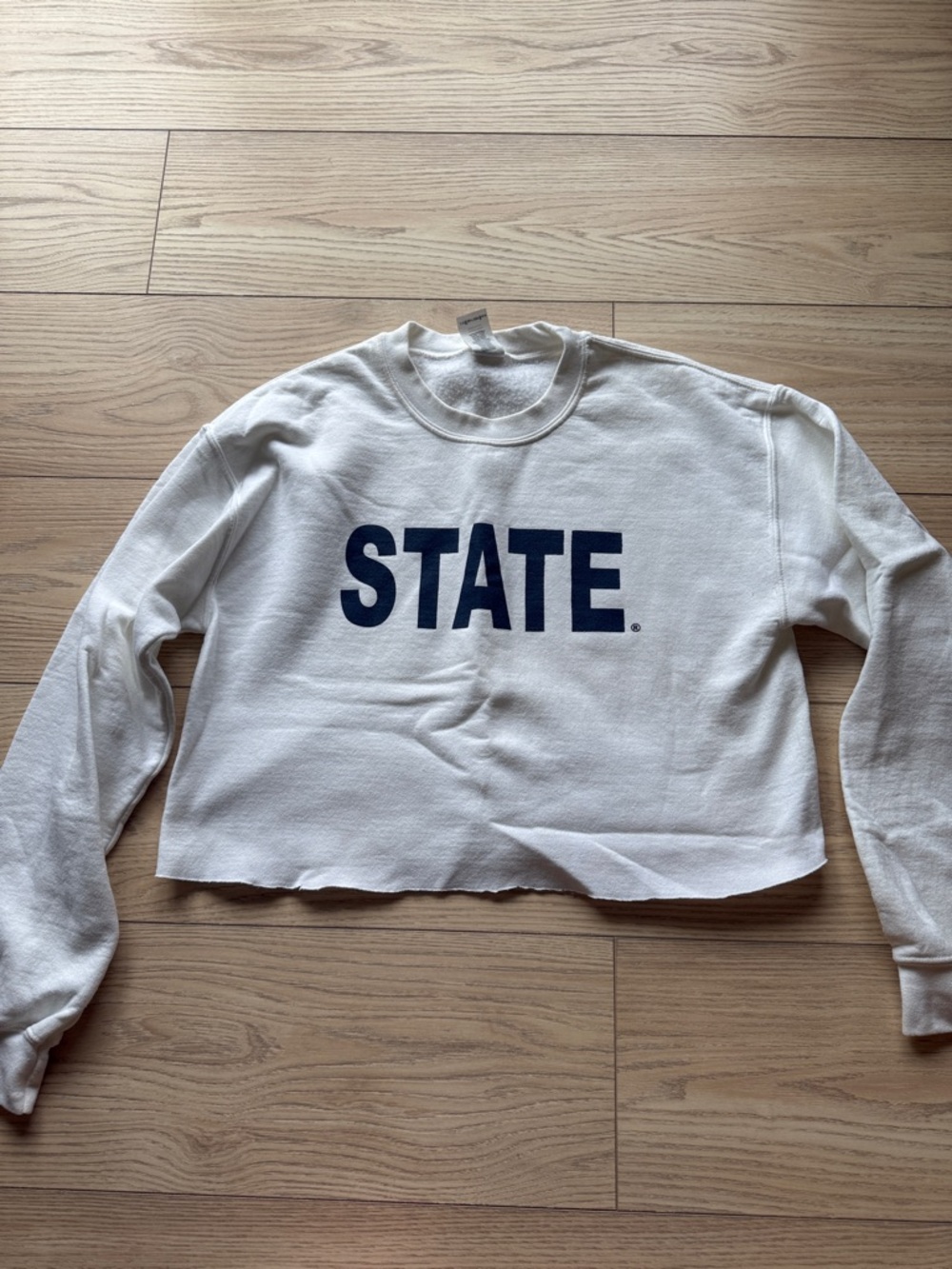 Penn State Gildan White Cropped Sweatshirt with Navy STATE Lettering